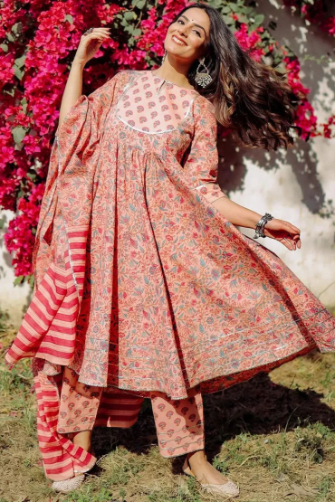 peach-yoke-design-cotton-anarkali-kurta-with-trousers-and-dupatta-libas-1